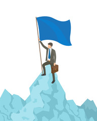 Person with Flag on Mountain Vector Illustration