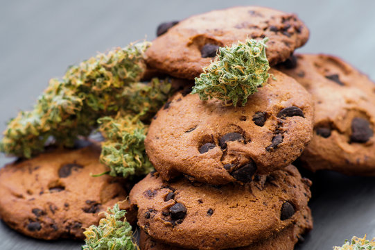 On a black background CBD use Cookies with cannabis and buds of marijuana on the table.