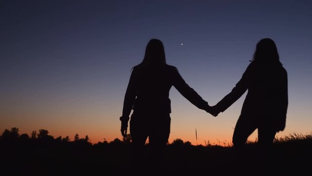 Silhouette girls walking in nature holding hands at back light, rear view, Beautiful females take each other's hands and leave at evening sunset.