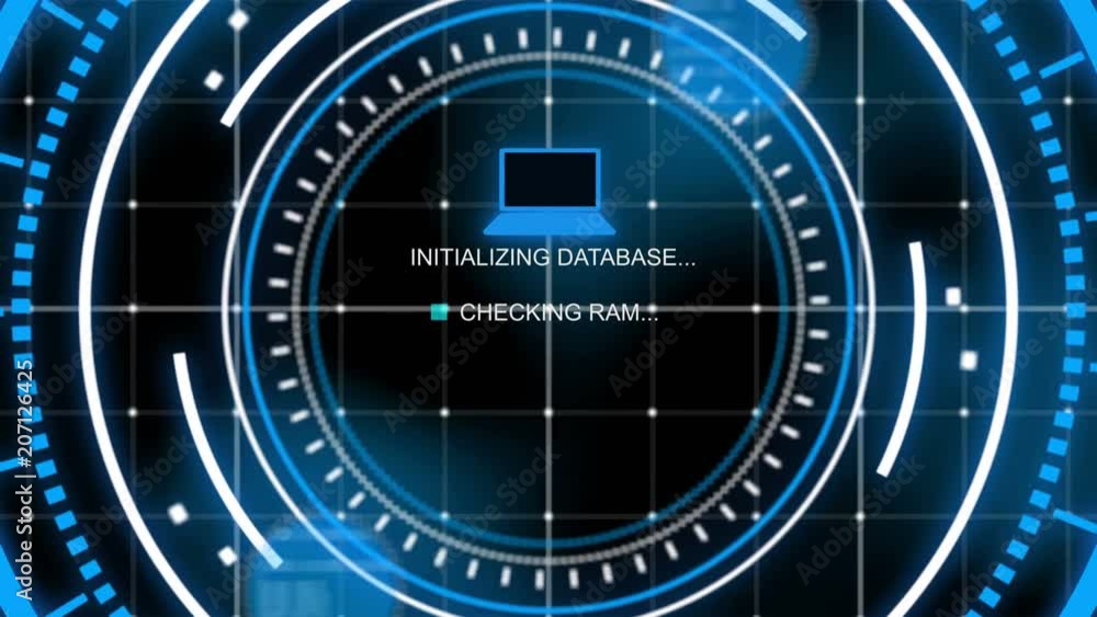 Fototapete An advanced 3d rendering of a head-up display covered with a grid and shot with a zoom out effect checking database in the center of several turning around bright blue circles