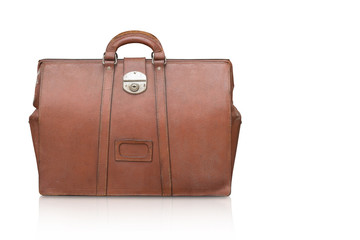 Di cut brown old Leather bag on white background,copy space