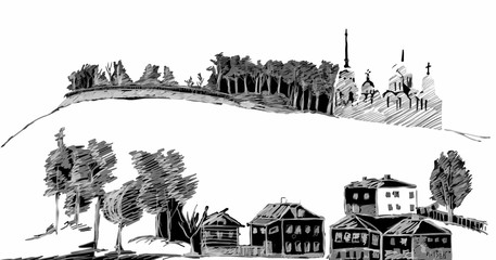 Fototapeta premium Russian old town Vladimir engraving