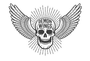 Retro authentic emblem, tattoo is a skull with wings.