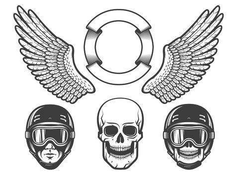 Set of design elements for creating a racing emblem - wings, a rider's head in a helmet, skull.