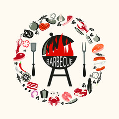 Set of barbecue objects. Collection of BBQ cutlery and various meat dishes, vector illustration, icons of barbecue steaks and sausages, vegetables and kebabs, knife and grid. Set of grey and red  BBQ 
