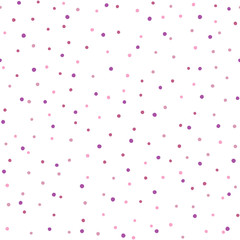 Randomly scattered small rounded dots. Simple seamless pattern. Endless print with repeating purple spots on white background.