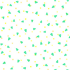 Geometric seamless pattern drawn by hand. Repeating triangles and irregular polka dot. Sketch, doodle. Endless print for children.