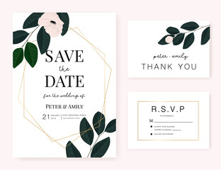Wedding card invitation set with pink flower and leaf in dark green vector template.