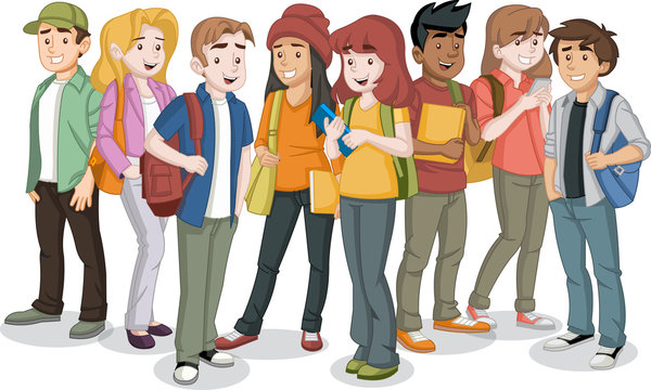 Cartoon teenager students with books and backpack.
