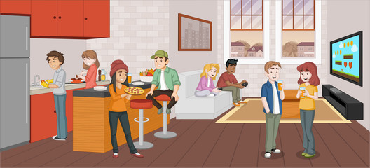 Cartoon teenager in the living room and kitchen. 