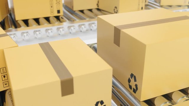 Cardboard boxes progresses along conveyor belt loopable animation. Cardboard boxes on conveyor belt