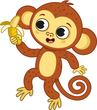 The cute monkey holding a banana. Vector illustration.