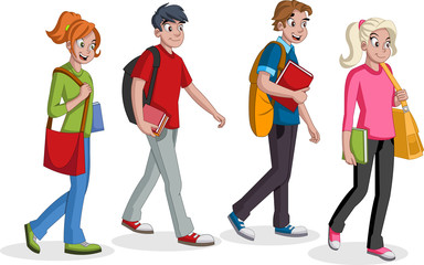 Teenagers students walking. Cartoon young people. 
