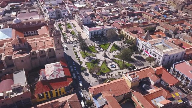 Aerial view of the city of Potosi, drone flies over the city center. Bolivia