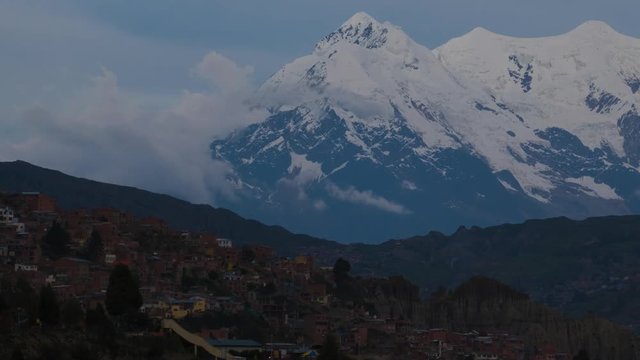 Timelapse of the city of La Paz with mountain of Illimani on the background, Bolivia