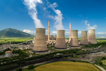 Aerial view the plant producing electrical energy with large pipes at Kozani in northern Greece.