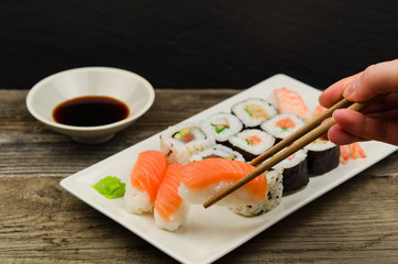 Sushi traditional japanese food. Sushi plate 