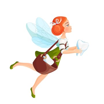 Tooth fairy with transparent wings in green dress
