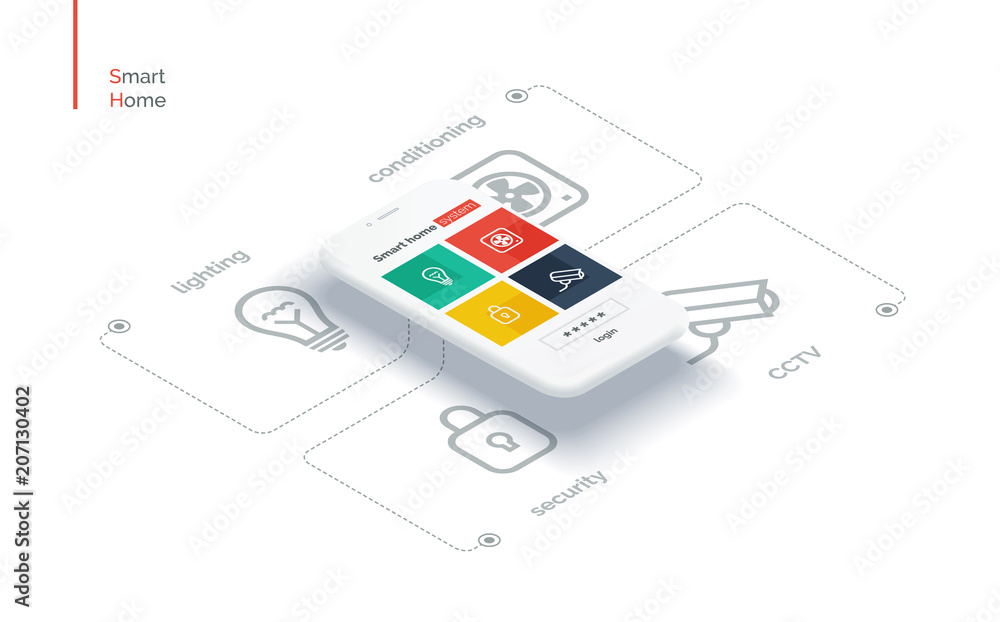 Poster smart home mobile interface. infographics with a mobile phone and icons controlling the parameters o