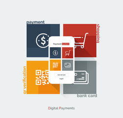 Payment system mobile interface. Infographics with a mobile phone and payment system icons. Modern full-color illustration flat style.