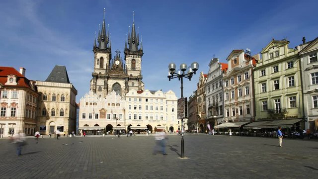 Old Town, Stare Mesto Square looking towards the Gothic Tyn Church, Prague, Czech Republic, Europe, T/Lapse