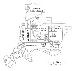 Modern City Map - Long Beach California city of the USA with neighborhoods and titles outline map - obrazy, fototapety, plakaty