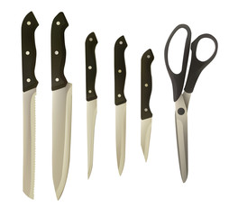 A set of kitchen knives and scissors. Cutlery vector illustration. Food preparation.