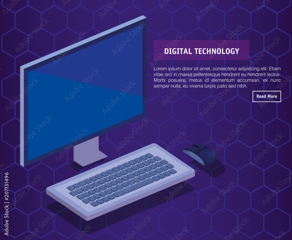 Poster isometric computer desktop digital technology vector illustration design