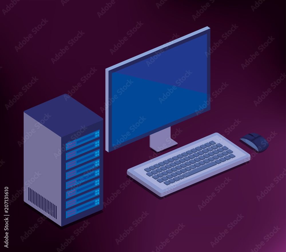 Poster isometric computer desktop digital technology vector illustration design