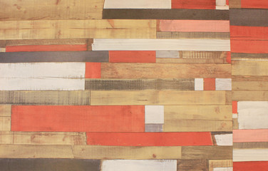 Wooden Panels Background Texture, Horizontal Colorful Wood Lines Pattern of Red, Black, White and Brown Color. Abstract Wooden Textured Plank Surface of Floor, Wall ot Table Close Up Top View.