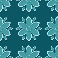 Seamless blue green background with 3d floral elements