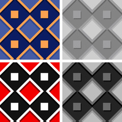 Seamless geometric backgrounds with square elements. Colored 3d patterns