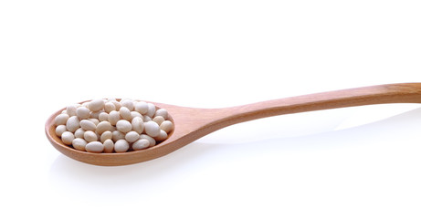 white beans in wood spoon on white background