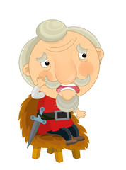 cartoon scene with king sitting on wooden chair and doing something - on white background - illustration for children