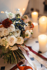 Stunning bridal bouquet. Wedding ceremony. Mix of peony, succulents, orchids and roses. Modern bridal accessories. Wedding flowers