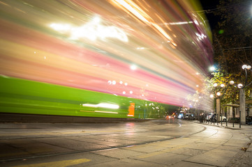 Lights of the tram in motion, Milan, Italy