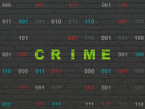 Security concept: Painted green text Crime on Black Brick wall background with Binary Code