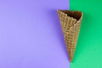 Ice cream. Wafer cone. Summer minimal Concept. Two tone color background. Empty space for text and design