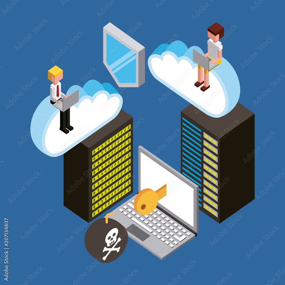 Poster people working laptop database security virus cloud computing storage isometric vector illustration