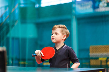 little child plays table tennis in the gym