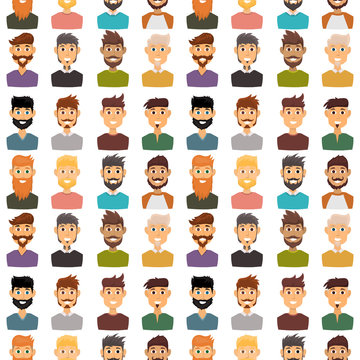 Character expressions bearded man face seamless pattern background avatar and fashion hipster hairstyle head person with mustache vector illustration.