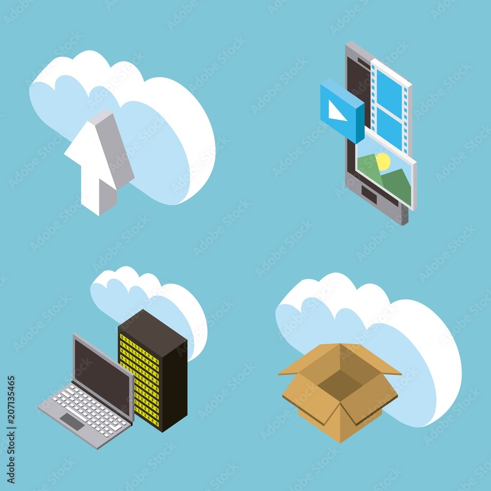 Poster set of cloud computing storage database mobile photo isometric