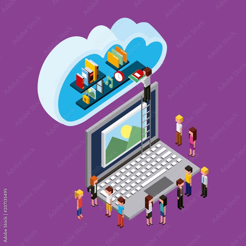 Poster people laptop connect upload data cloud computing storage isometric