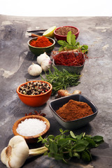 Spices and herbs on table. Food and cuisine ingredients.