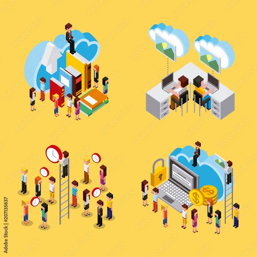 Poster people set working process cloud computing storage isometric