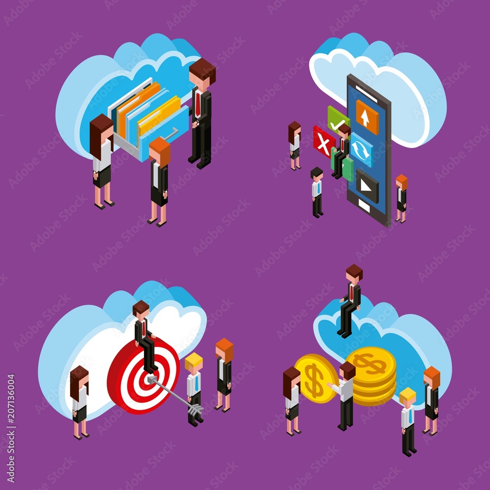 Poster set of people with working process cloud computing storage isometric