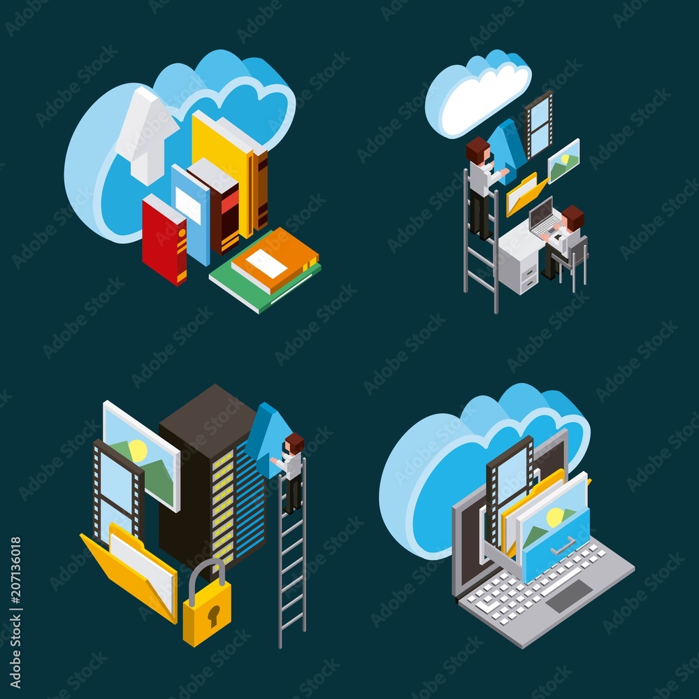 Poster set of people with working process cloud computing storage isometric