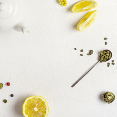 Tea concept. Selection of different varieties of tea and white teapot