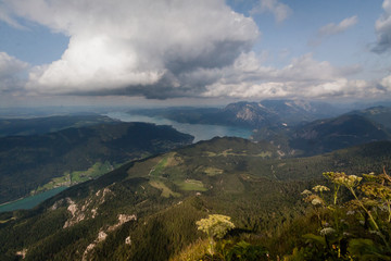 Panoramic view of mountains from Schafberg peak in  Salzkammergut, Austria in a beautiful summer day