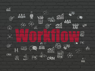 Finance concept: Painted red text Workflow on Black Brick wall background with  Hand Drawn Business Icons